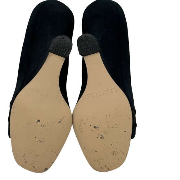White House Black Market Vidal Black Suede Open Toe Curved Wedge Heels Size 6 - Picture 7 of 12